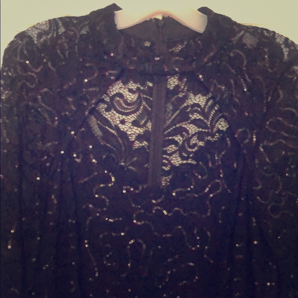 Lace w black sequins tea length dress